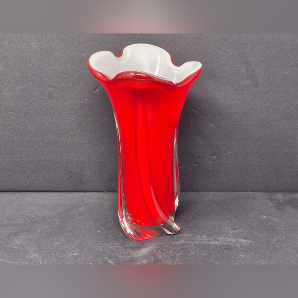 Red Art Glass Vase With White Interior - Picture 3 of 7